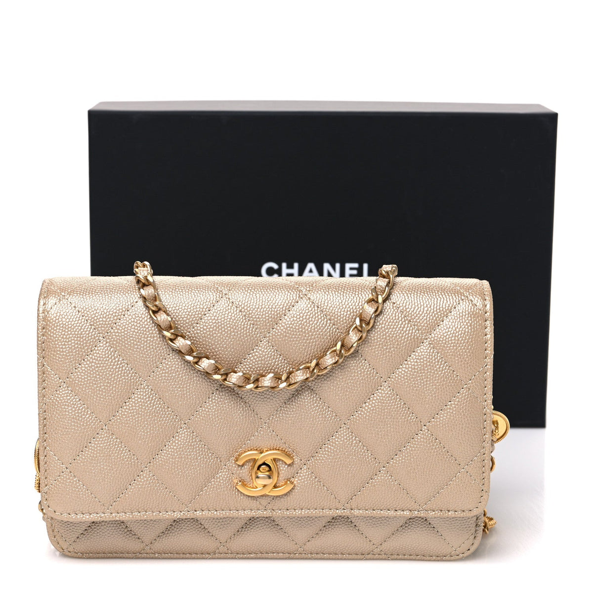 Metallic Caviar Quilted Coin Wallet On Chain WOC Gold