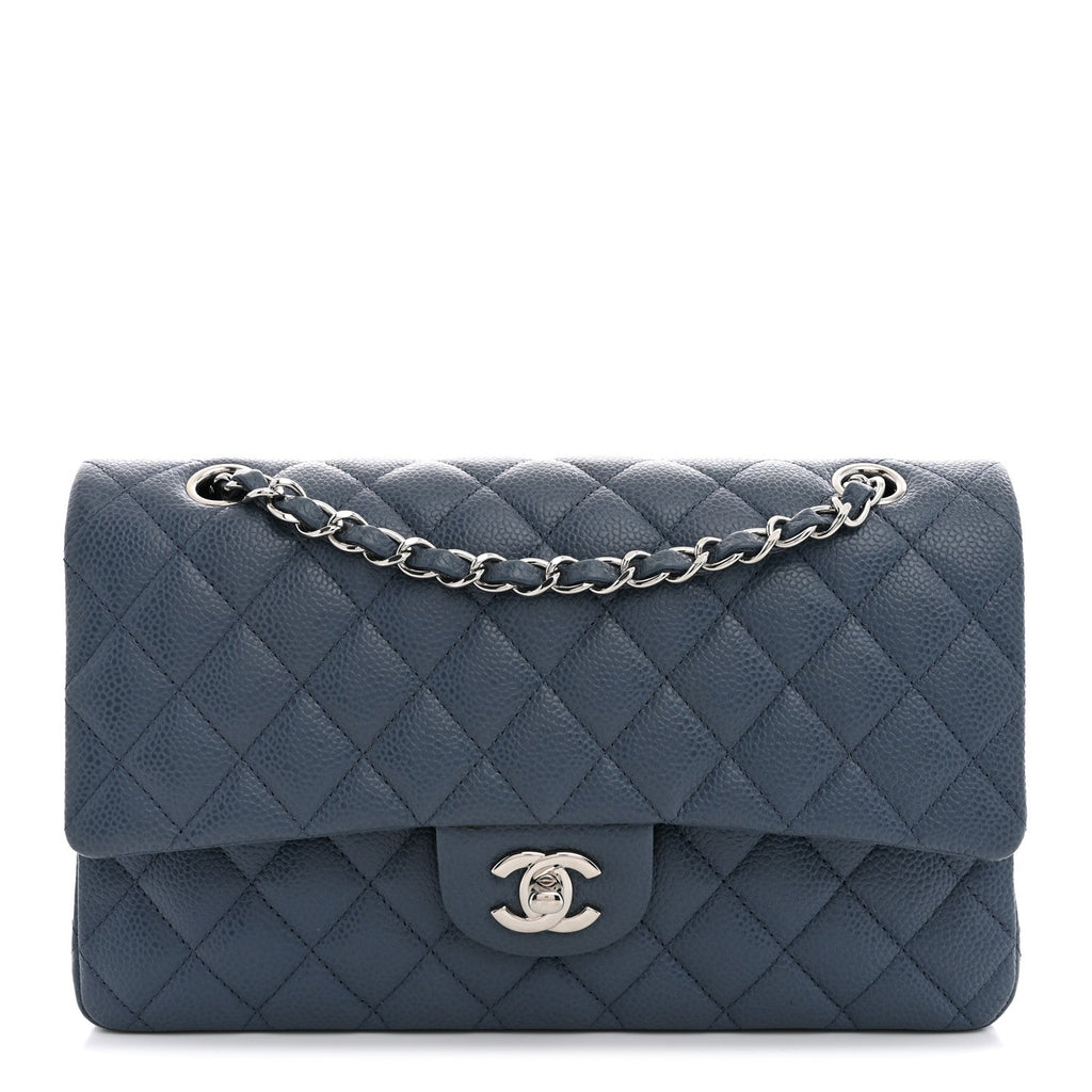 Caviar Quilted Medium Double Flap Blue