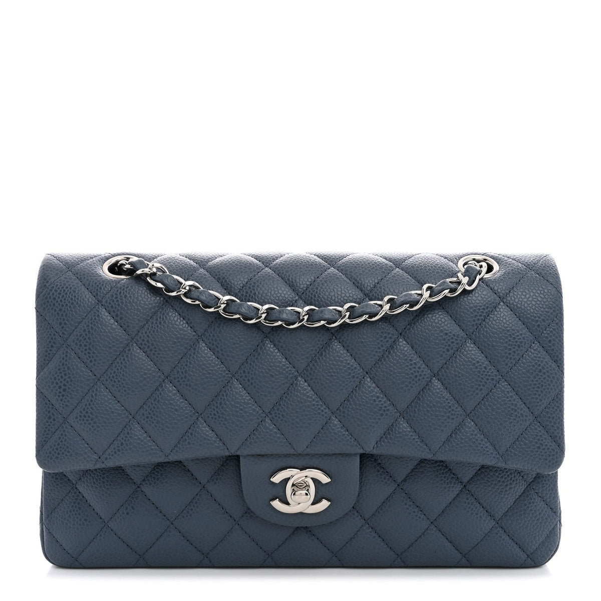 Caviar Quilted Medium Double Flap Blue