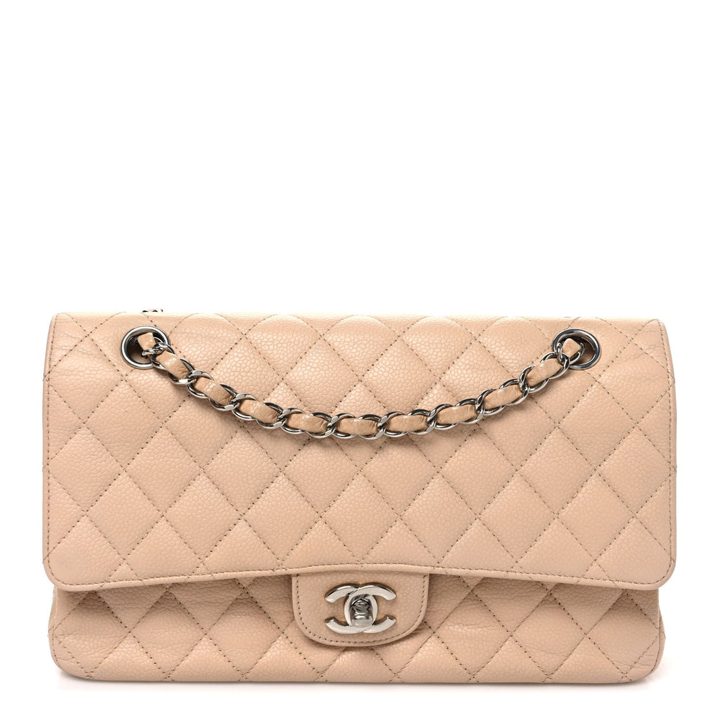 Caviar Quilted Medium Double Flap Beige