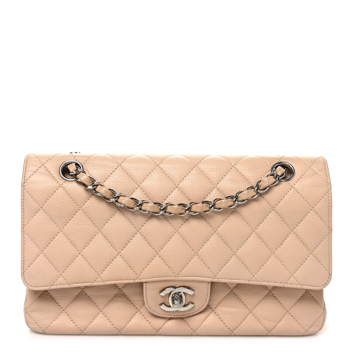 Caviar Quilted Medium Double Flap Beige