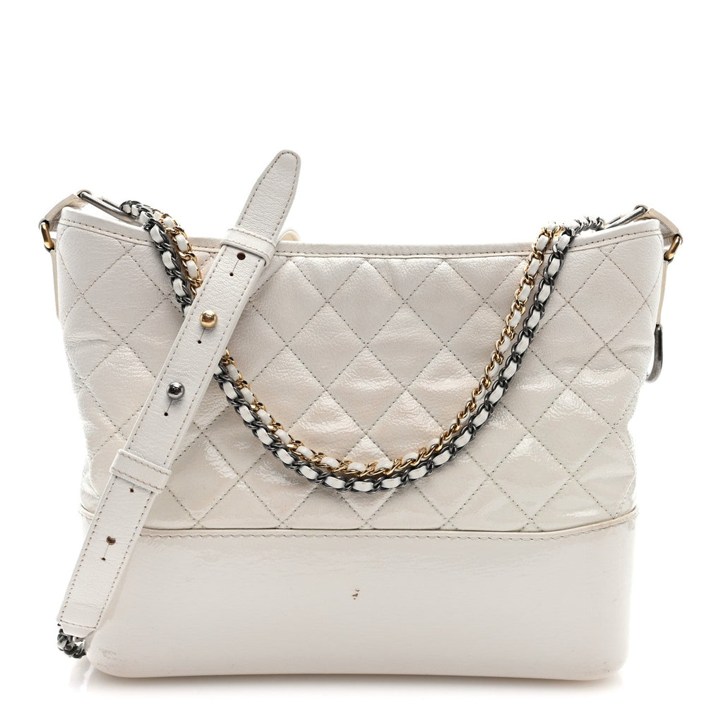 Patent Goatskin Quilted Medium Gabrielle Hobo White