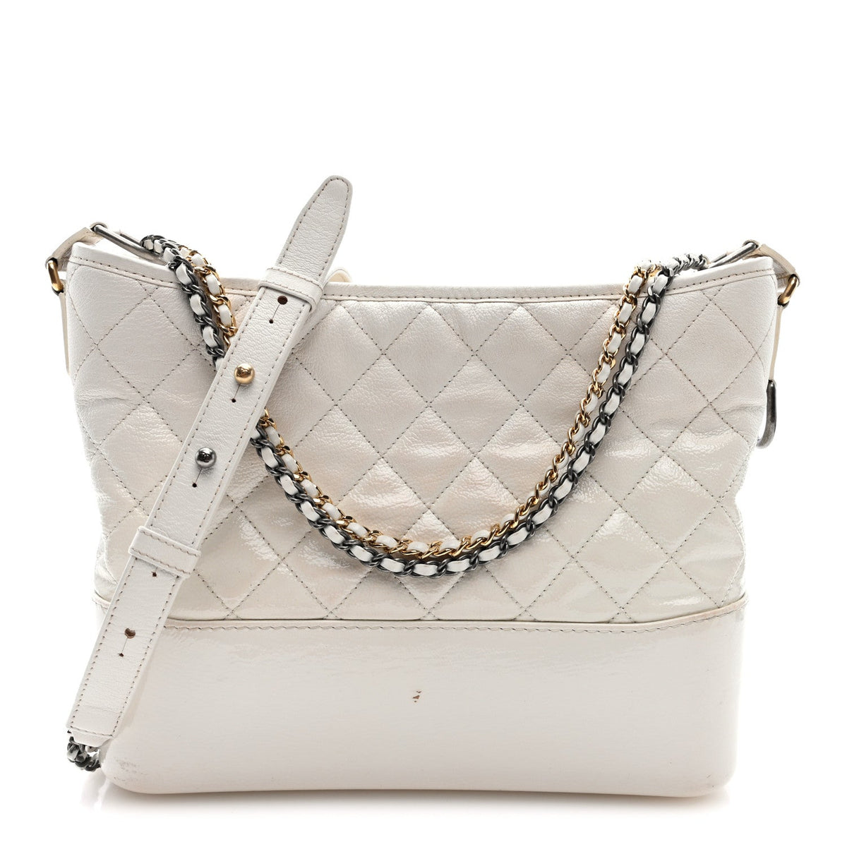 Patent Goatskin Quilted Medium Gabrielle Hobo White
