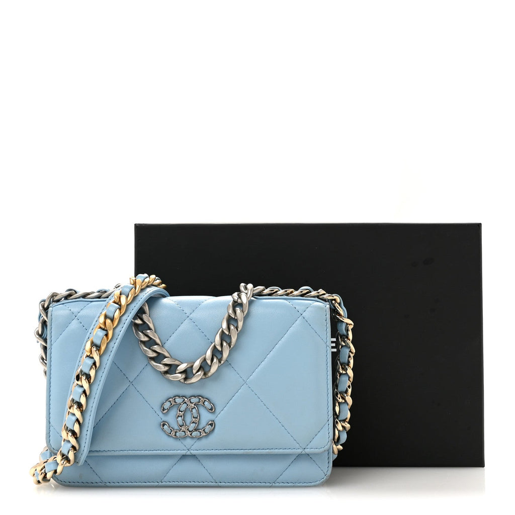 Lambskin Quilted Chanel 19 Wallet On Chain WOC Light Blue