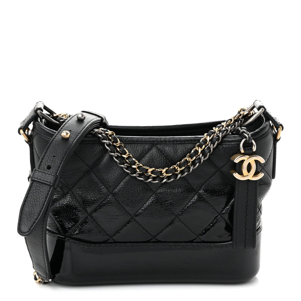 Patent Goatskin Quilted Small Gabrielle Hobo Black