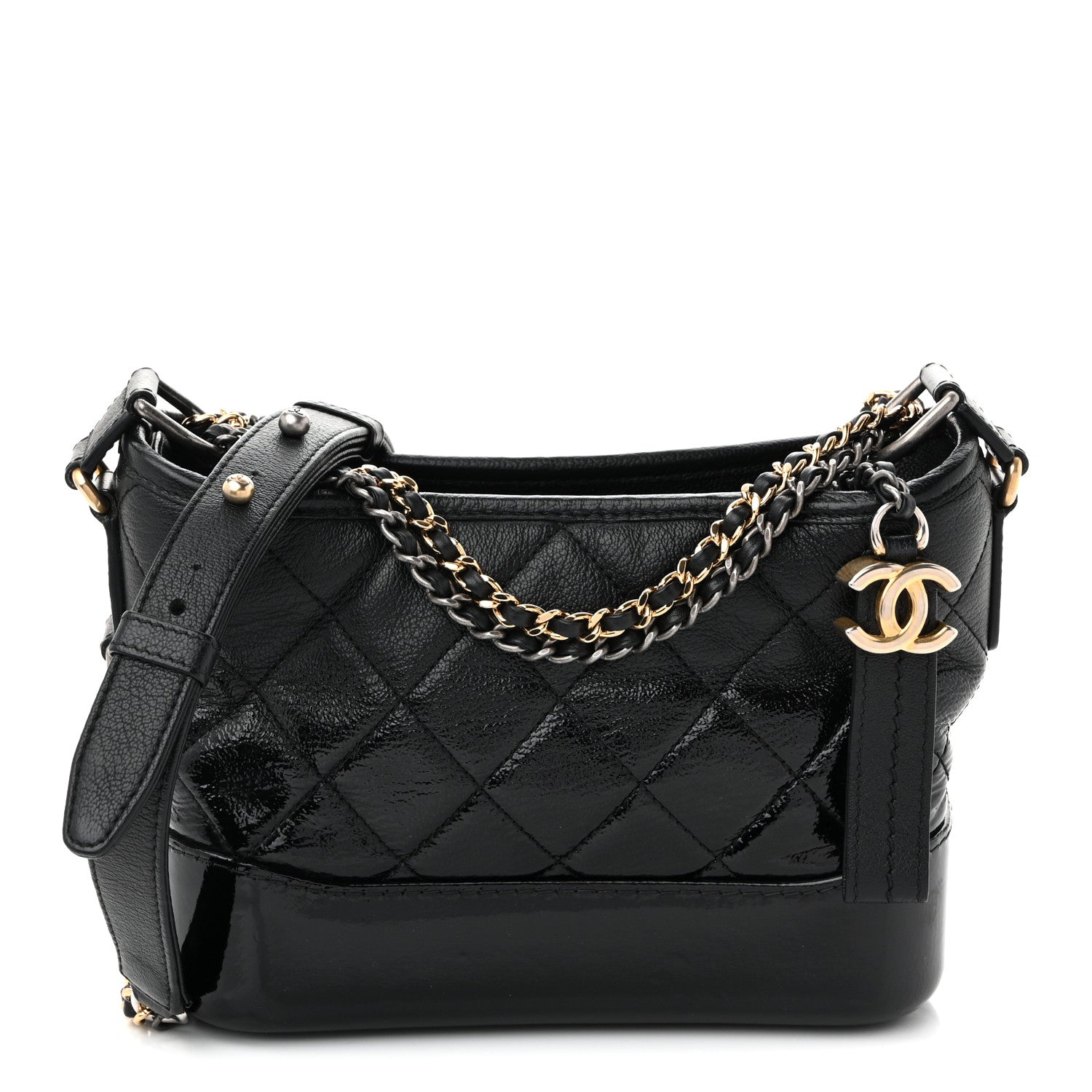 Patent Goatskin Quilted Small Gabrielle Hobo Black