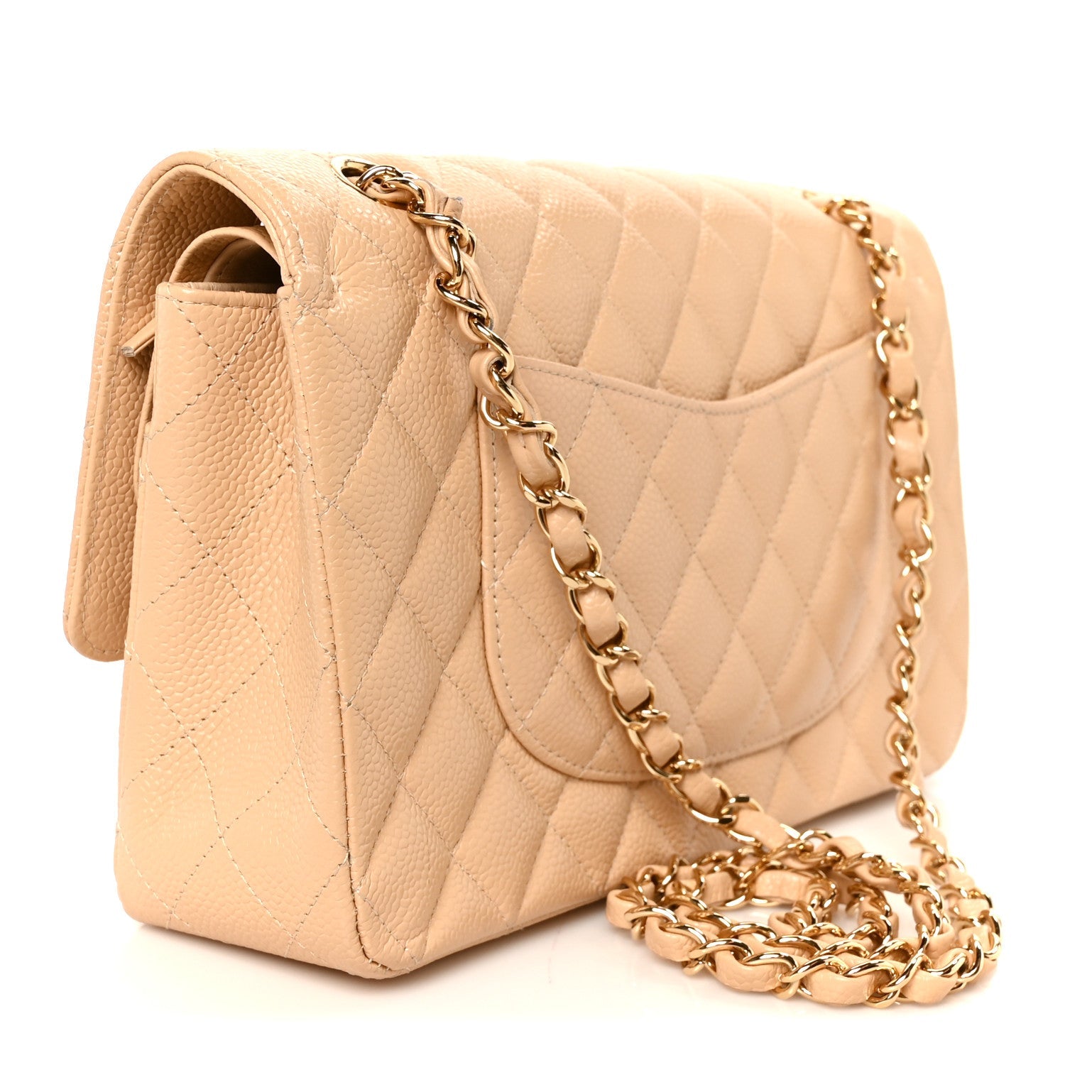Caviar Quilted Medium Double Flap Beige