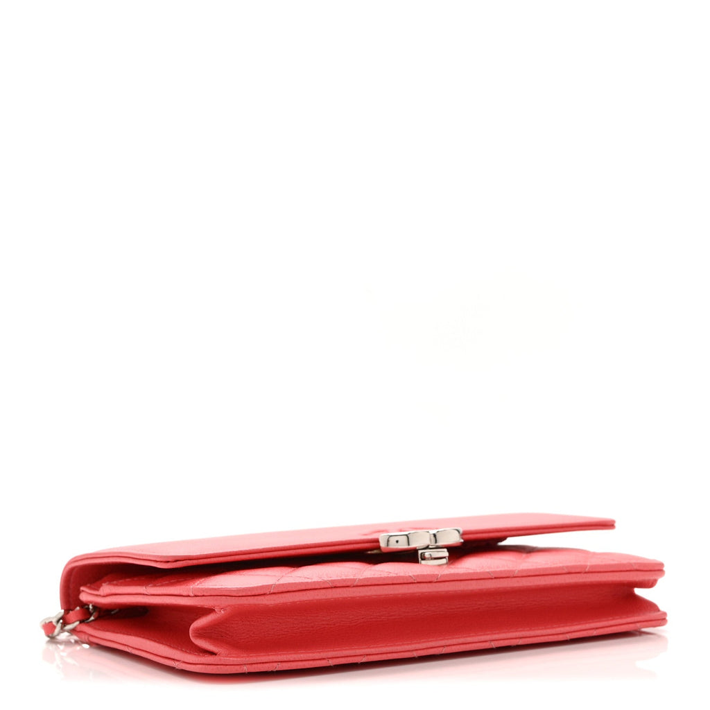 Grained Calfskin Quilted CC Box Wallet On Chain WOC Pink