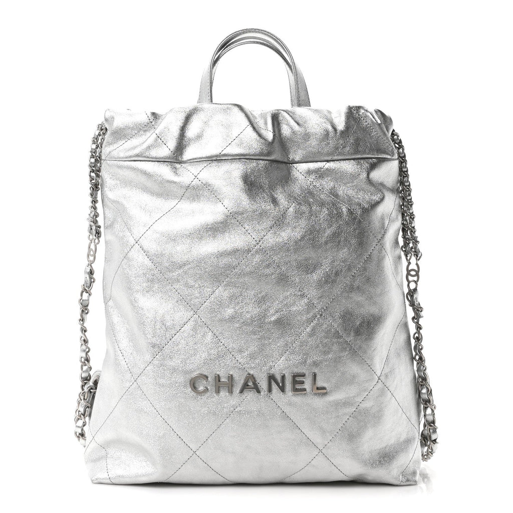 Metallic Calfskin Quilted Chanel 22 Backpack Silver