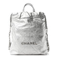 Metallic Calfskin Quilted Chanel 22 Backpack Silver