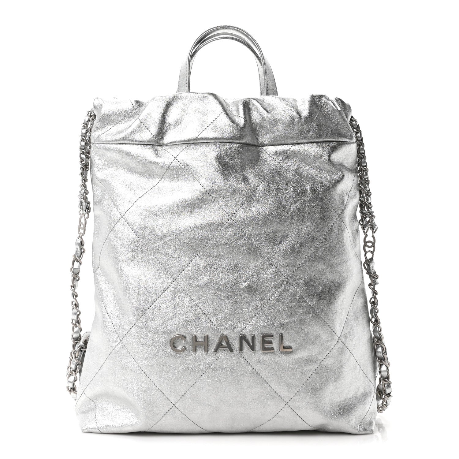 Metallic Calfskin Quilted Chanel 22 Backpack Silver