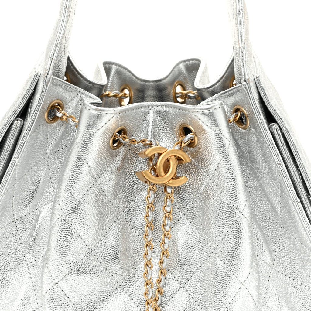 Metallic Caviar Quilted Small Chanel 25 Handbag Silver