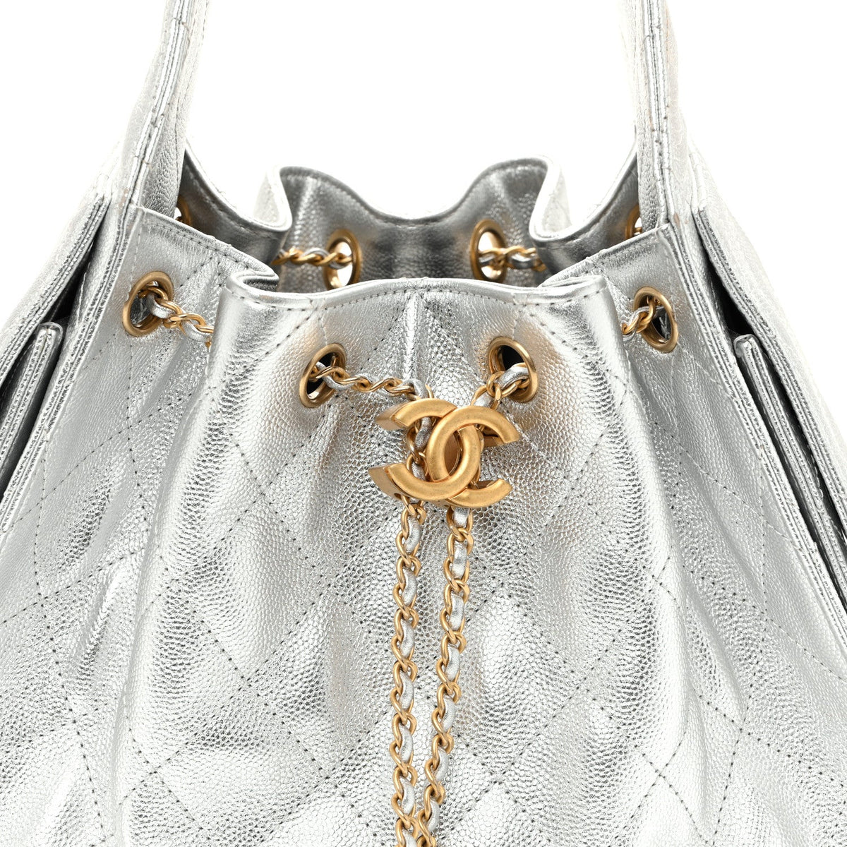 Metallic Caviar Quilted Small Chanel 25 Handbag Silver