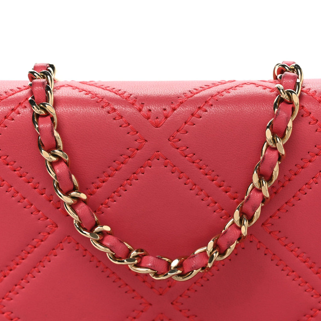 Lambskin Quilted Double Stitch Tassel Wallet On Chain WOC Pink