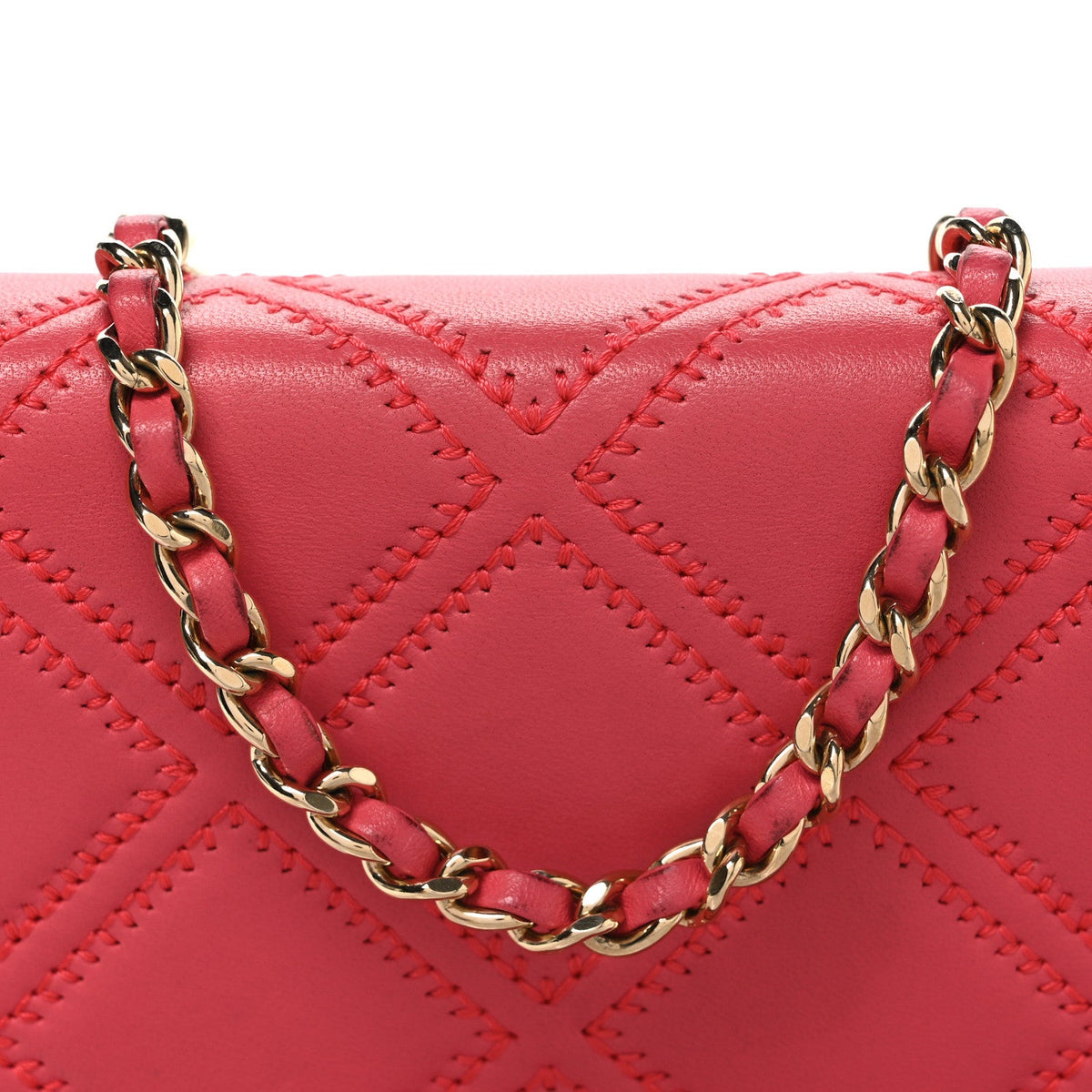 Lambskin Quilted Double Stitch Tassel Wallet On Chain WOC Pink