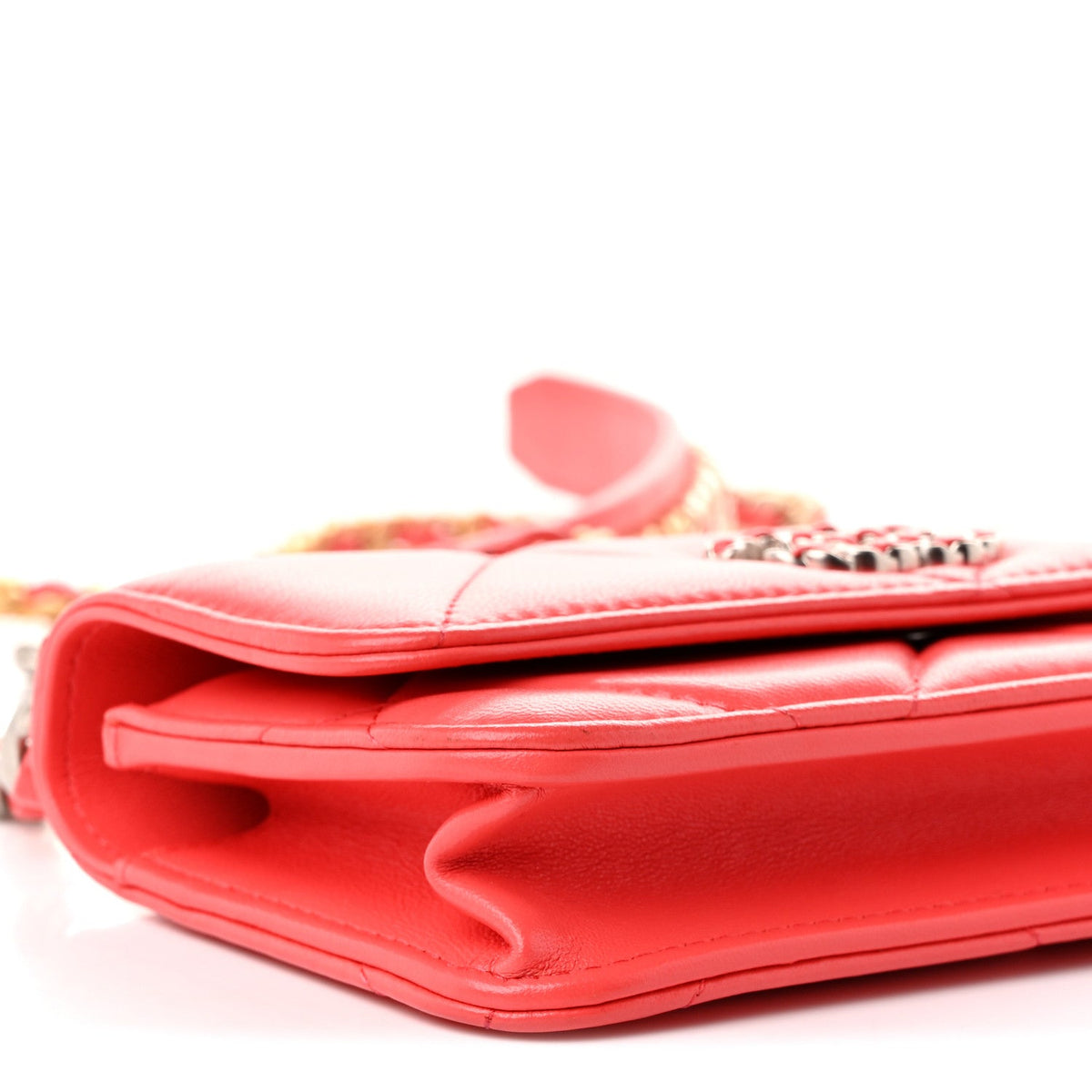 Lambskin Quilted Chanel 19 Flap Phone Holder With Chain Coral