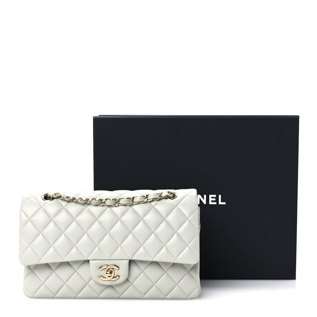 Lambskin Quilted Medium Double Flap Light Grey