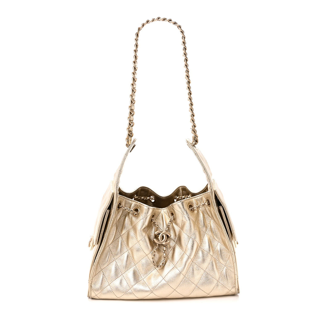 Metallic Caviar Quilted Small Chanel 25 Handbag Gold