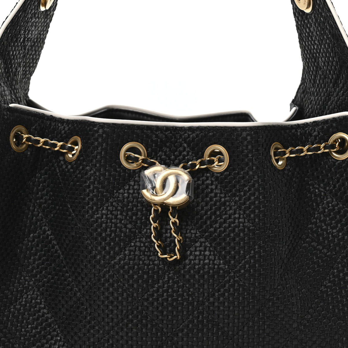 Braided Raffia Calfskin Small Chanel 25 Handbag Black White