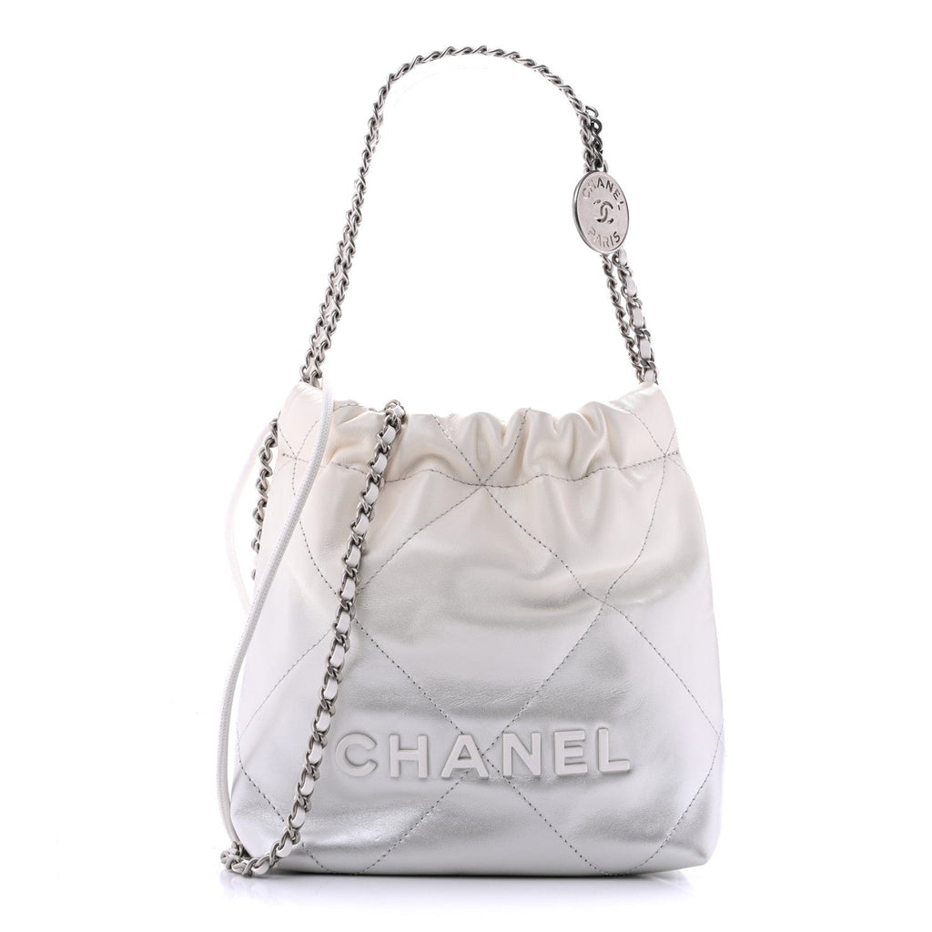 Metallic Shaded Calfskin Quilted Mini Chanel 22 White Silver