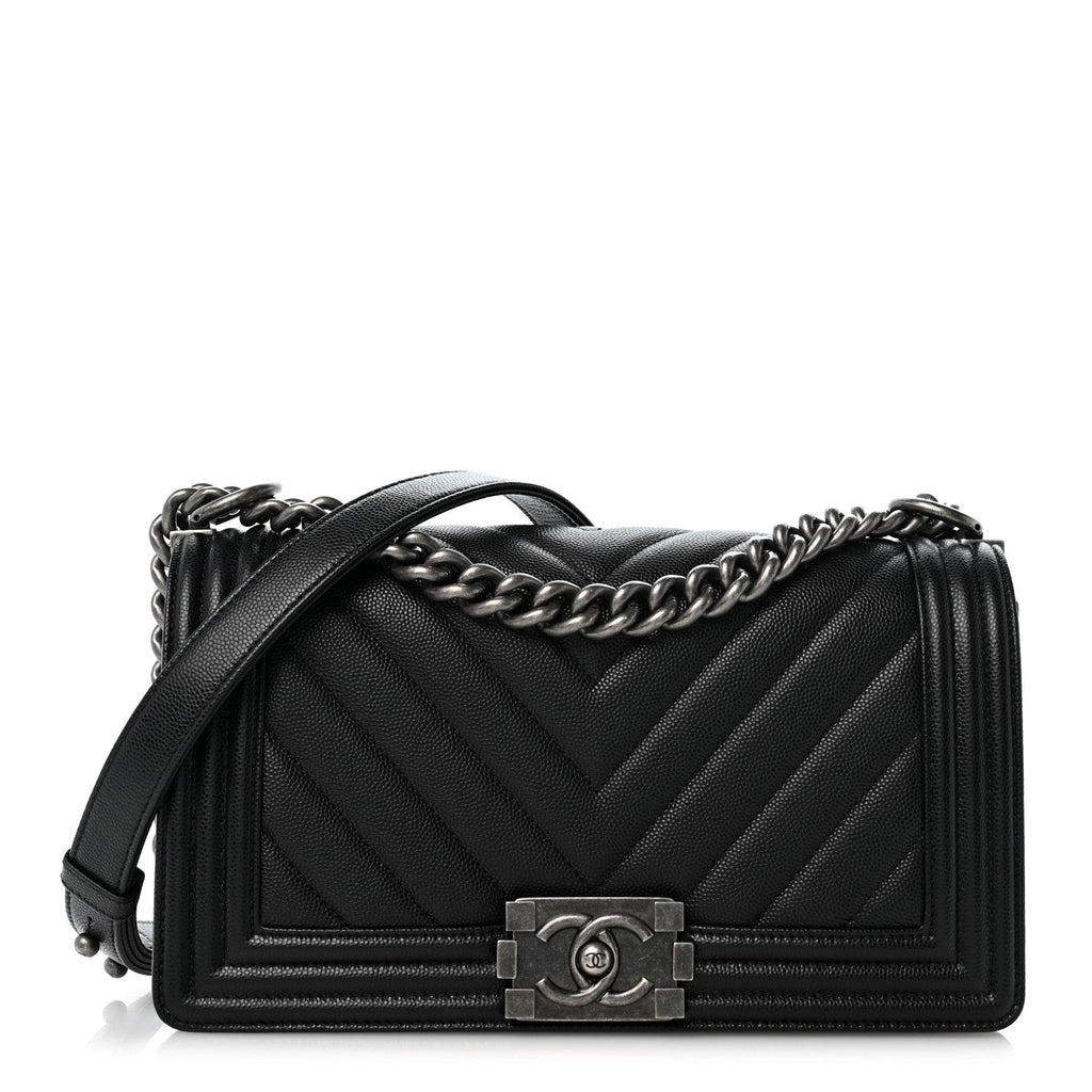 Caviar Chevron Quilted Medium Boy Flap Black