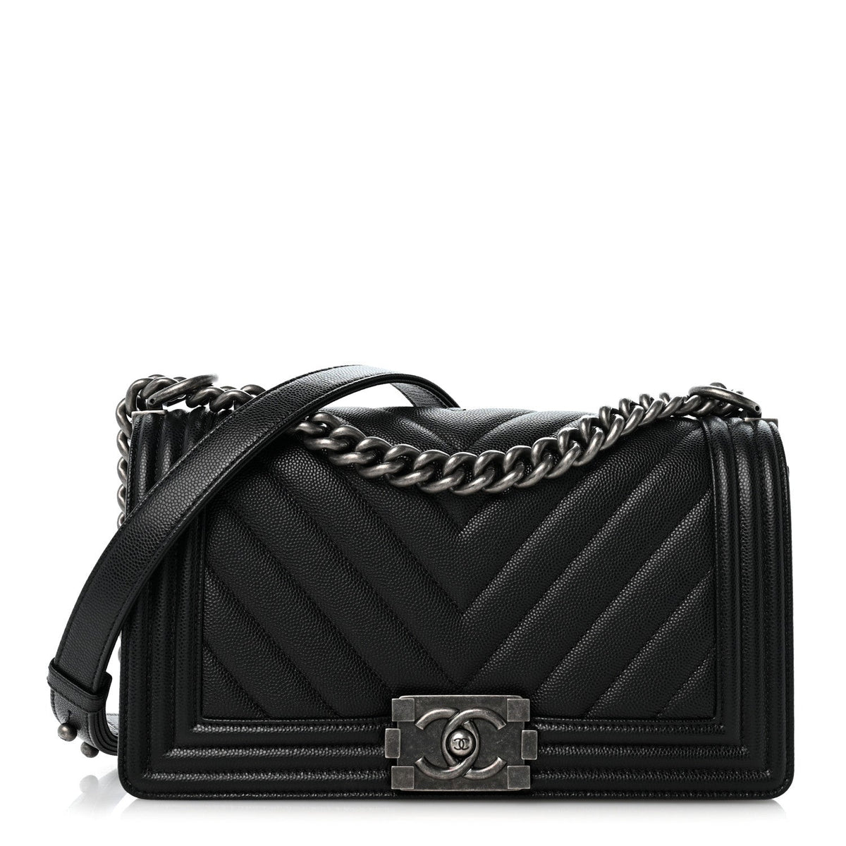 Caviar Chevron Quilted Medium Boy Flap Black