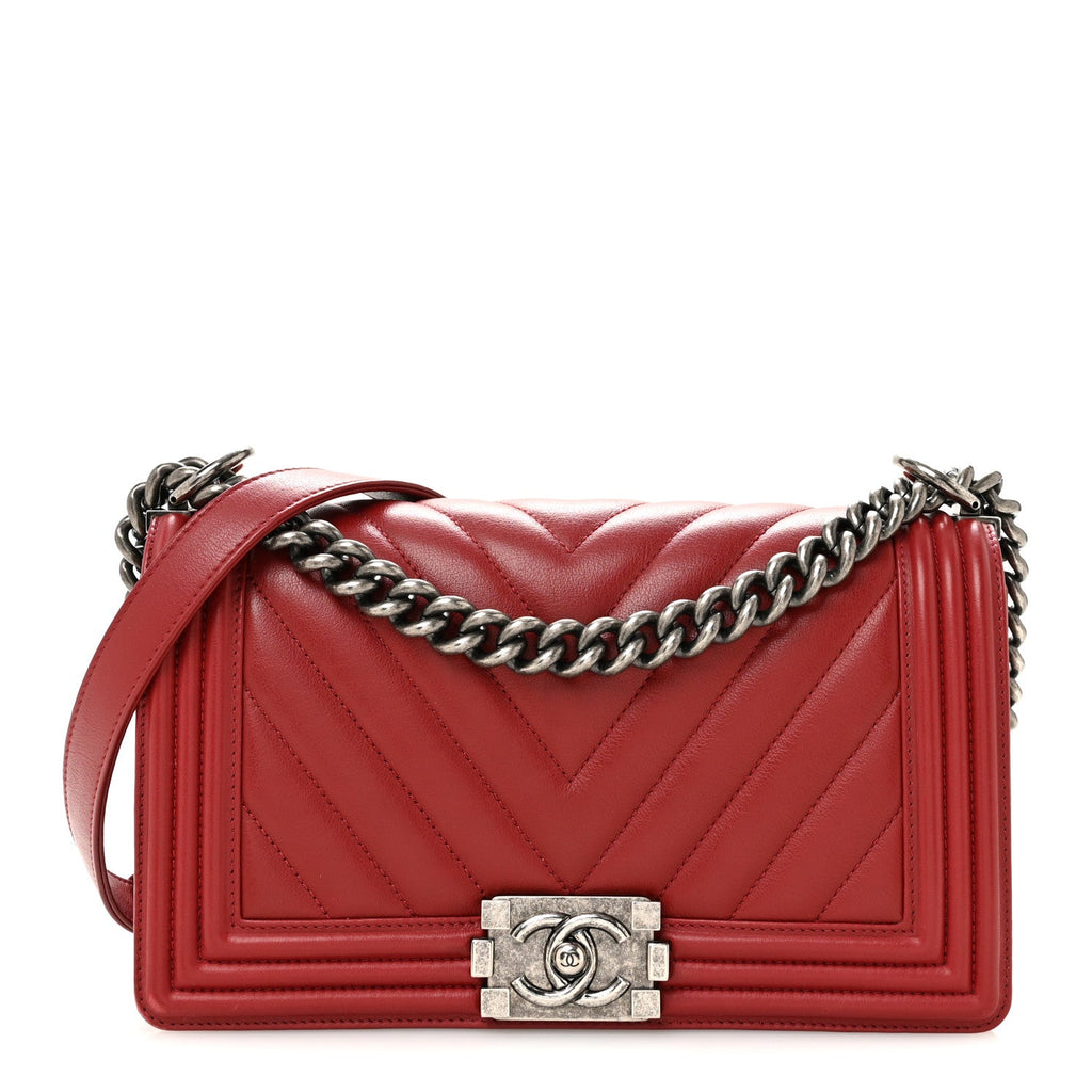 Calfskin Chevron Quilted Medium Boy Flap  Dark Red
