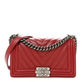 Calfskin Chevron Quilted Medium Boy Flap  Dark Red
