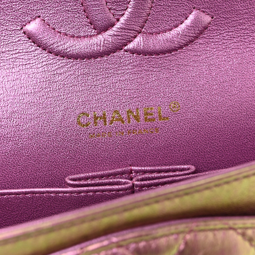 Iridescent Lambskin Quilted Medium Double Flap Purple