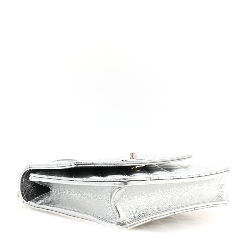 Metallic Caviar Quilted Top Handle Wallet on Chain WOC Silver