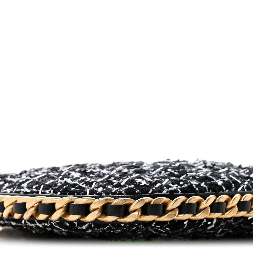 Tweed Sequin Quilted Trendy Chain Around Hobo Black White