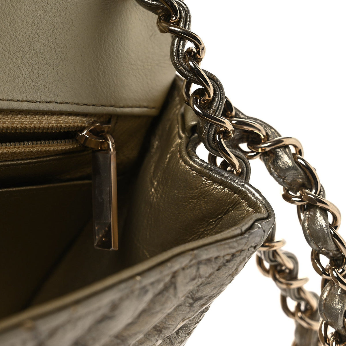 Metallic Crumpled Calfskin Chevron Quilted Mini Square Flap Gold