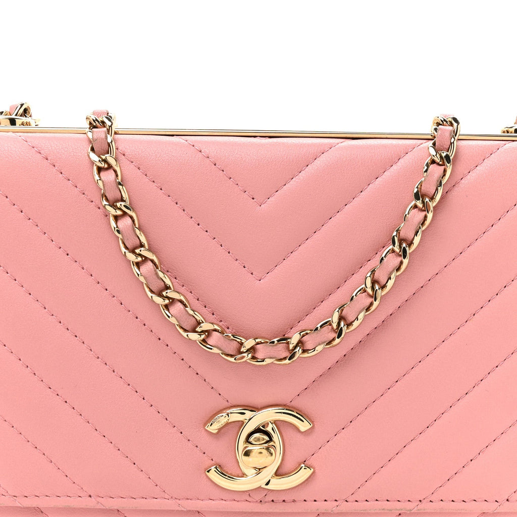 Lambskin Chevron Quilted Trendy CC Wallet On Chain WOC Pink