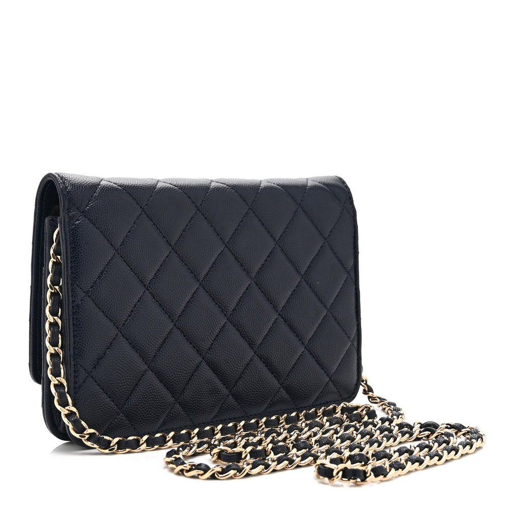 Caviar Quilted Crystal CC Wallet On Chain WOC Navy