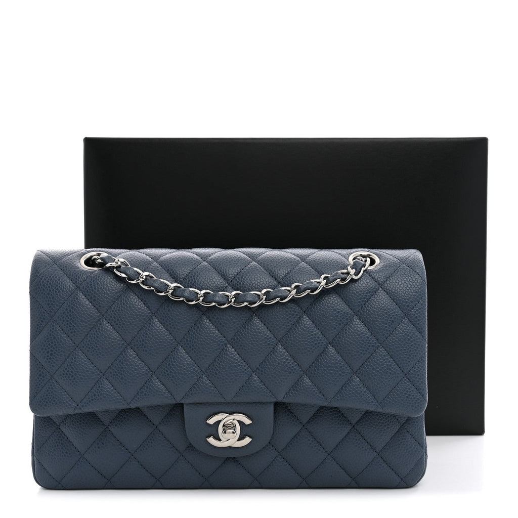 Caviar Quilted Medium Double Flap Blue