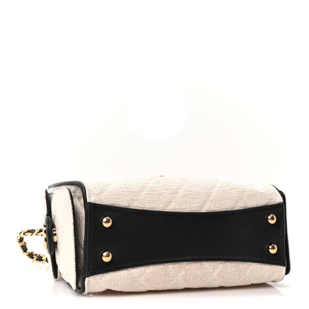 Canvas Calfskin Quilted Mini Chanel 25 Handbag Ecru Black