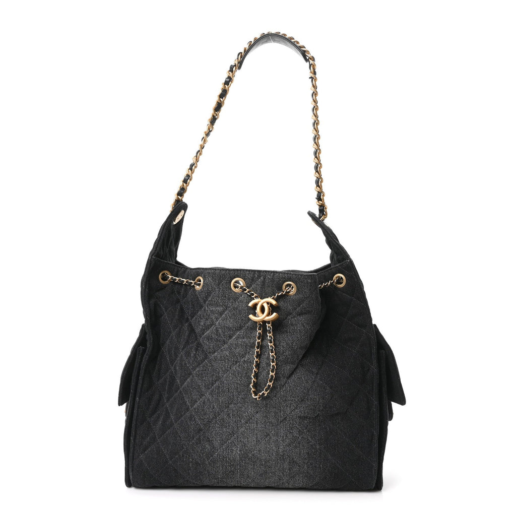 Washed Denim Quilted Medium Chanel 25 Handbag Black