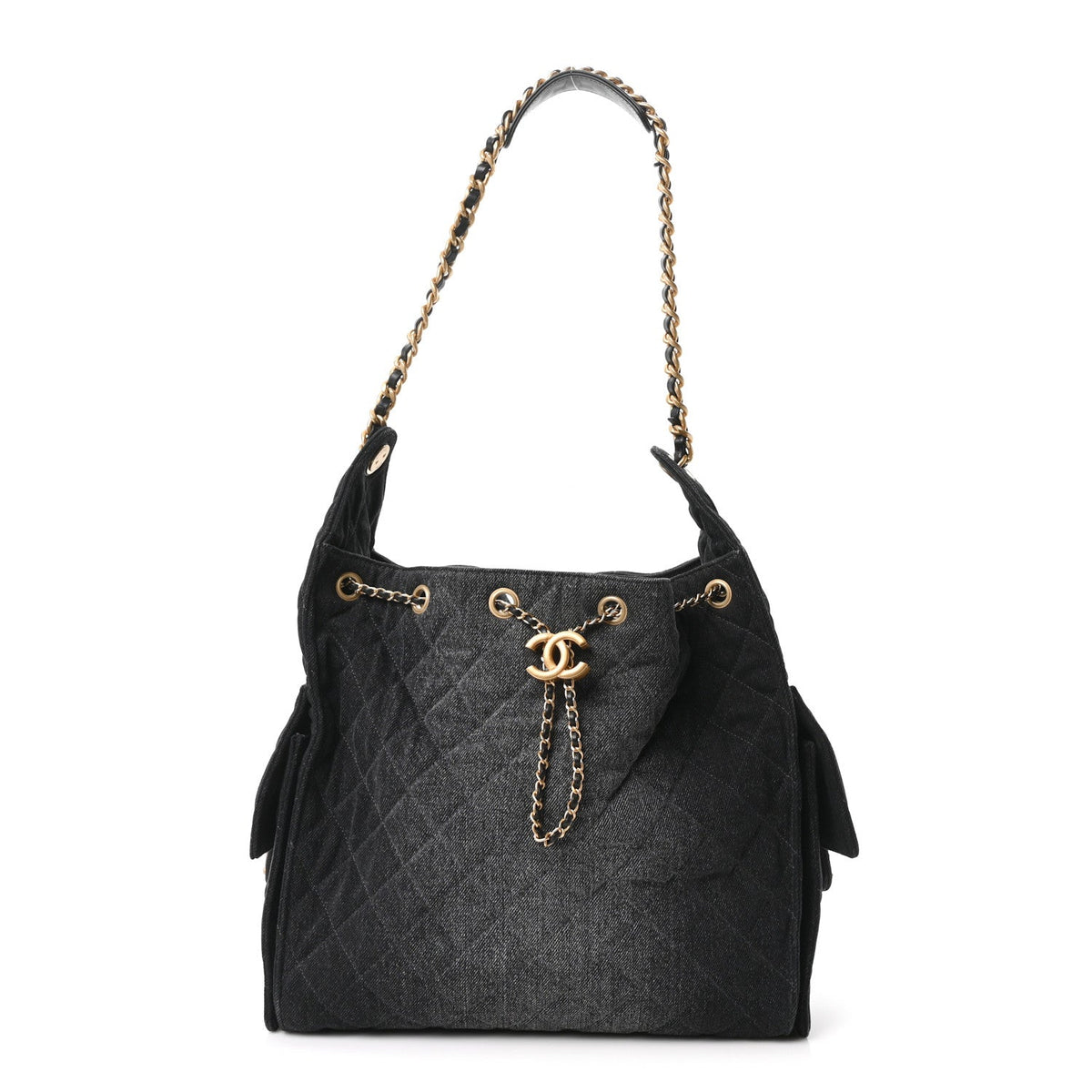 Washed Denim Quilted Medium Chanel 25 Handbag Black