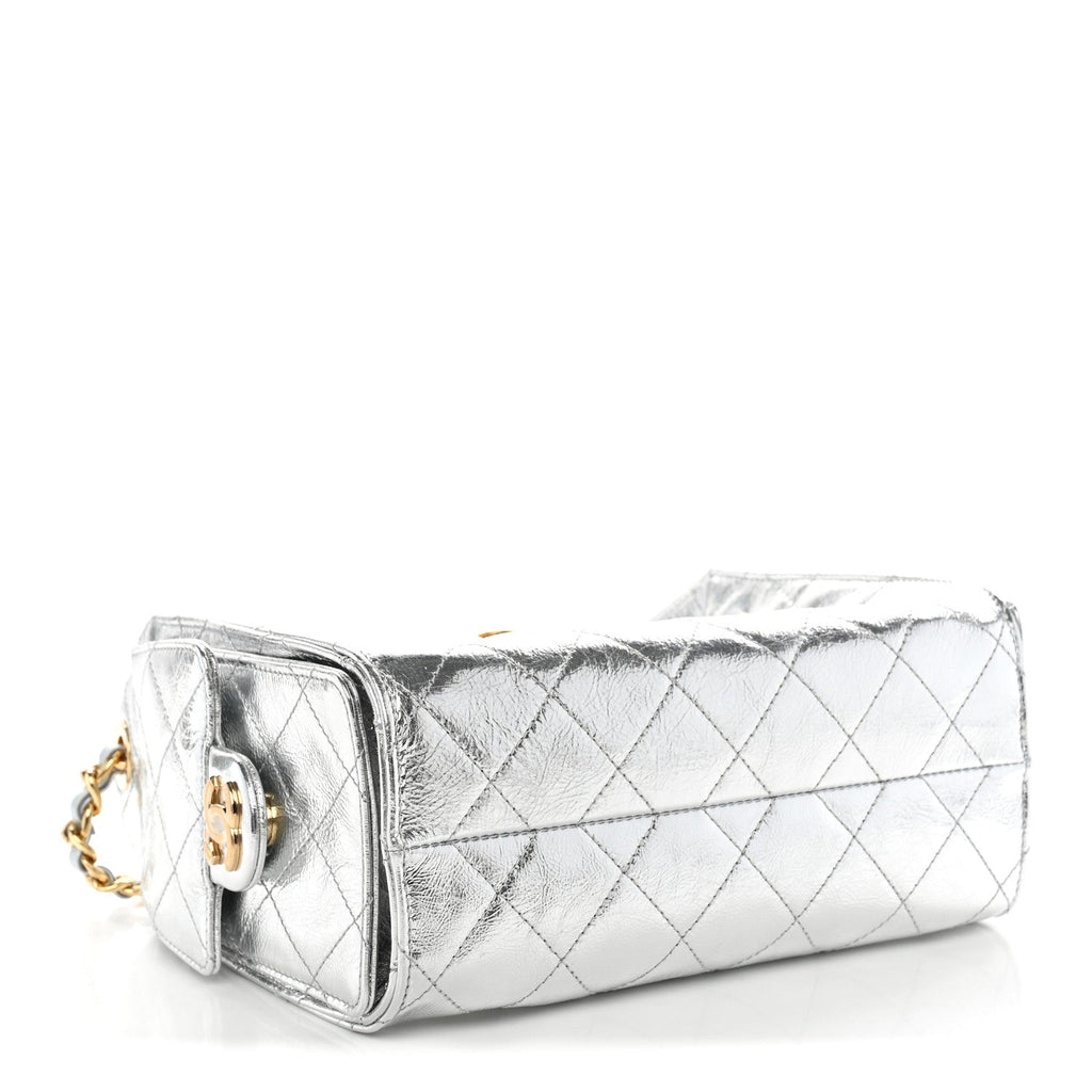 Metallic Aged Calfskin Quilted Mini Chanel 25 Handbag Silver