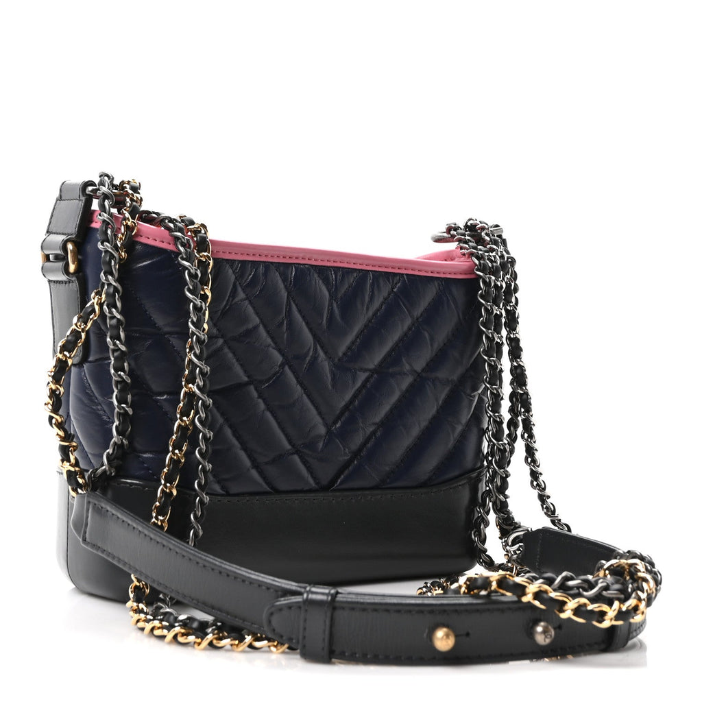 Aged Calfskin Chevron Quilted Small Gabrielle Hobo Dark Pink Navy