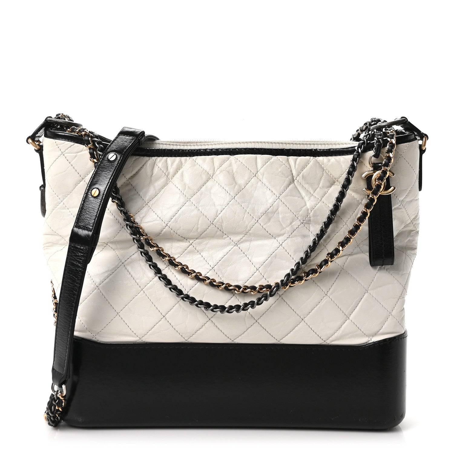 Aged Calfskin Quilted Large Gabrielle Hobo White Black