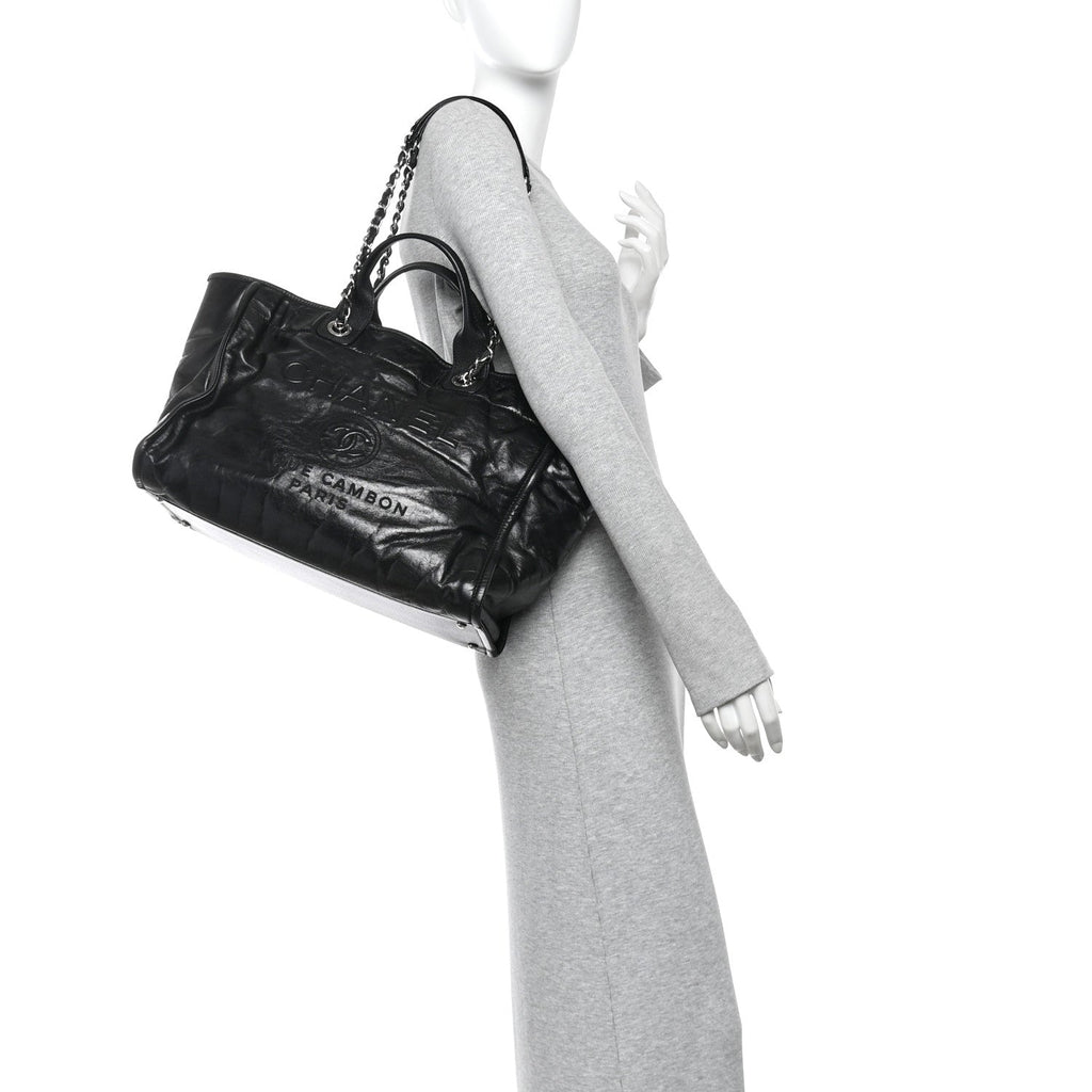 Glazed Calfskin Medium Deauville Tote Black