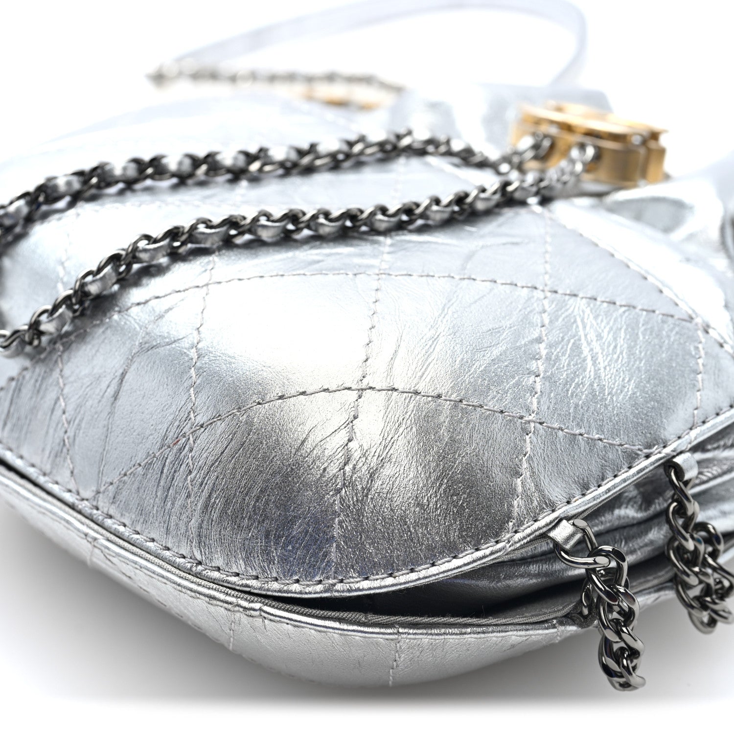 Metallic Aged Calfskin Quilted Small Gabrielle Bucket Silver