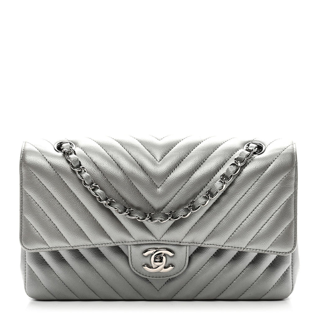 Metallic Caviar Chevron Quilted Medium Double Flap Silver
