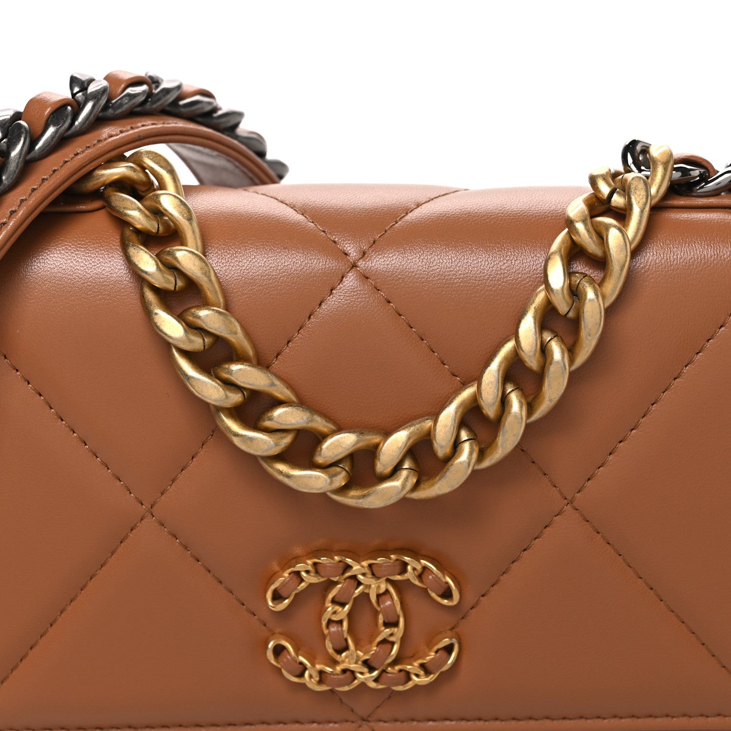 Lambskin Quilted Chanel 19 Wallet On Chain WOC Brown