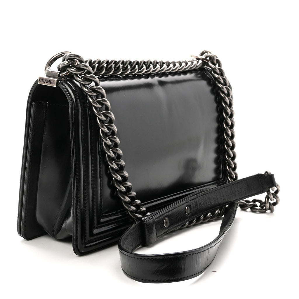 Glazed Calfskin Medium Boy Flap Black
