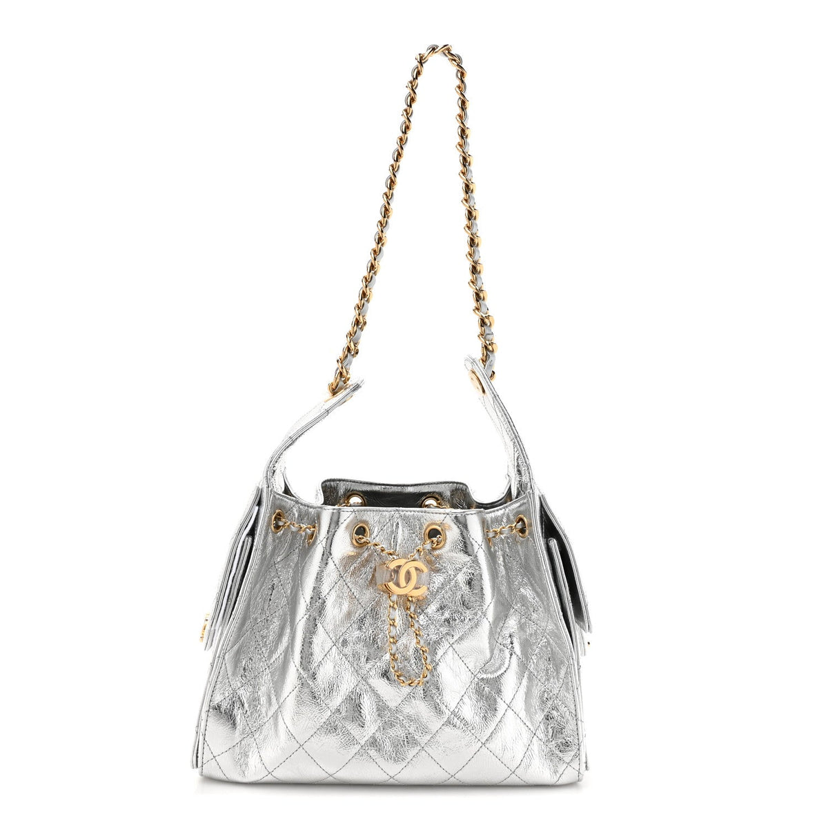 Metallic Crumpled Calfskin Quilted Small Chanel 25 Handbag Silvery