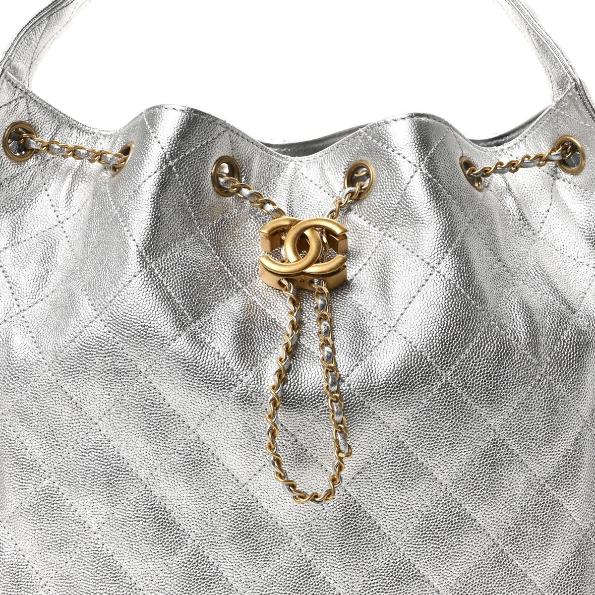 Metallic Caviar Quilted Medium Chanel 25 Handbag Silver