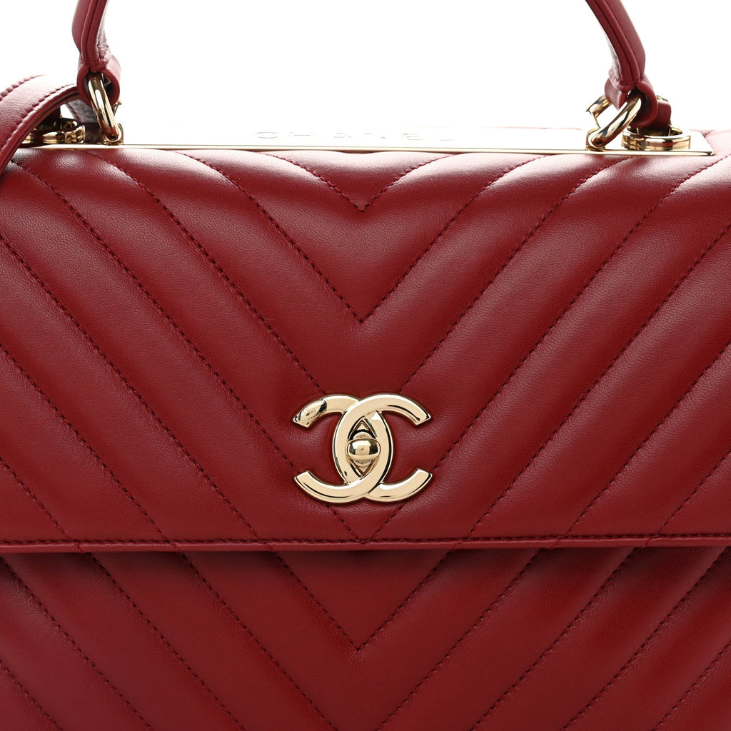 Lambskin Chevron Quilted Medium Trendy CC Dual Handle Flap Bag Red
