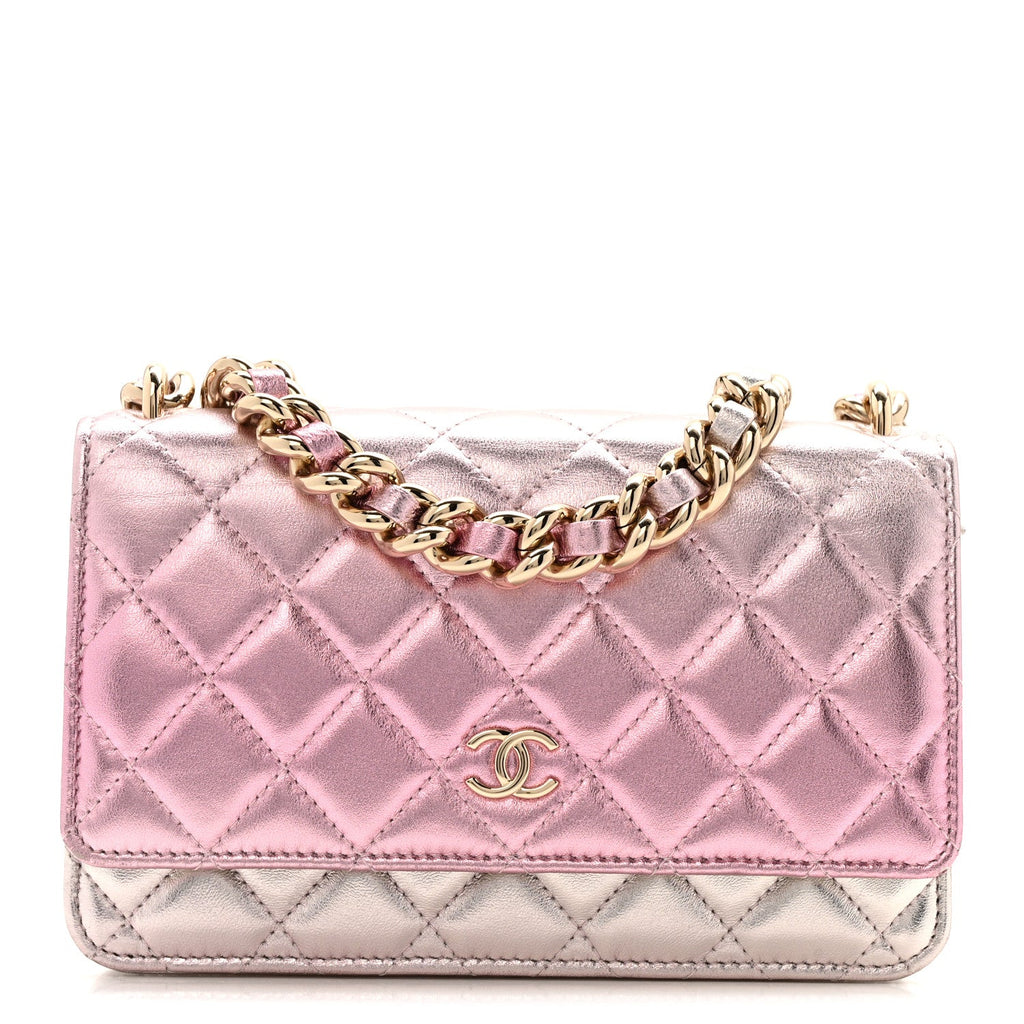 Gradient Metallic Lambskin Quilted Like A Wallet Wallet On Chain WOC Gold Pink